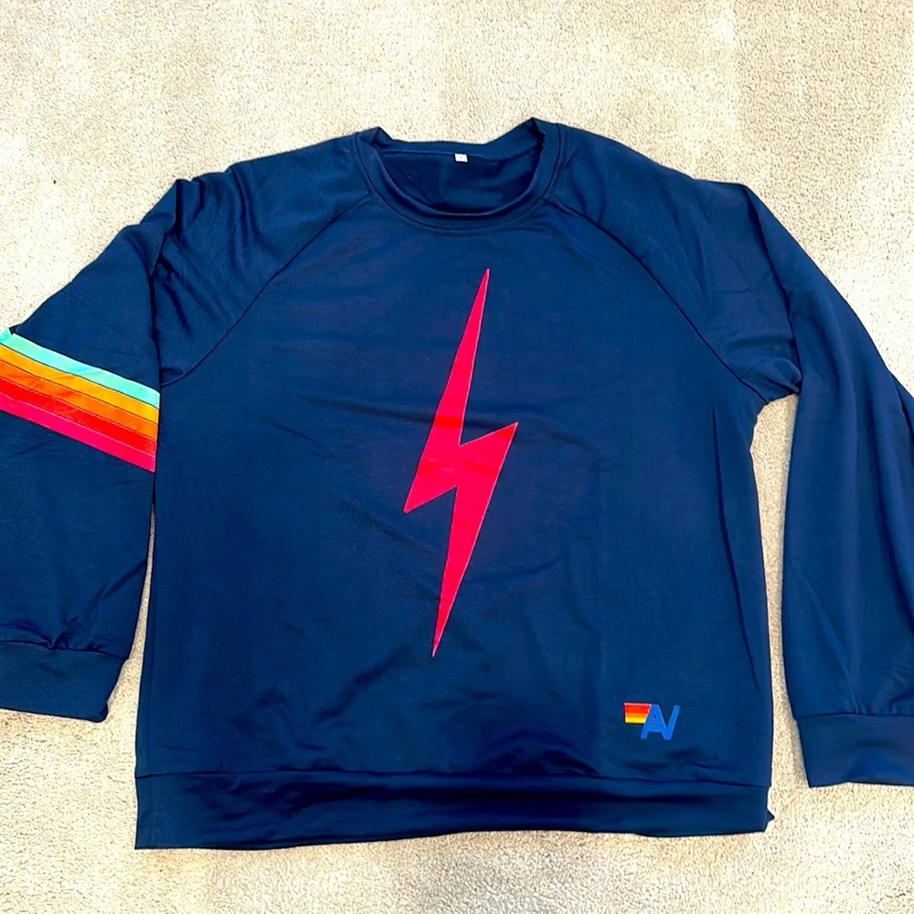 Aviator Nation INSPIRED sweatshirt- navy w red lightning bolt striped sleeves - Picture 1 of 4